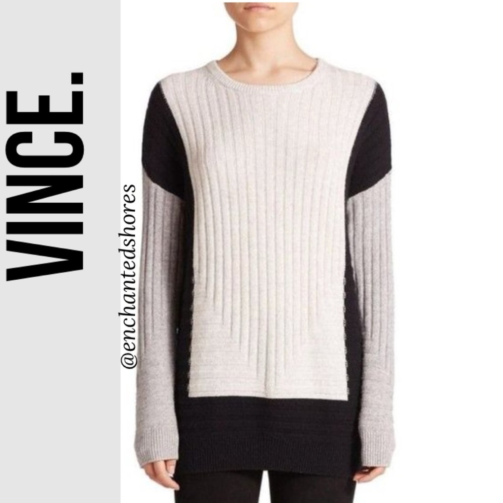 Vintage Vince Colorblock Intarsia Crew Sweater Heather Black Steel Wool Cashmere - Picture 12 of 12